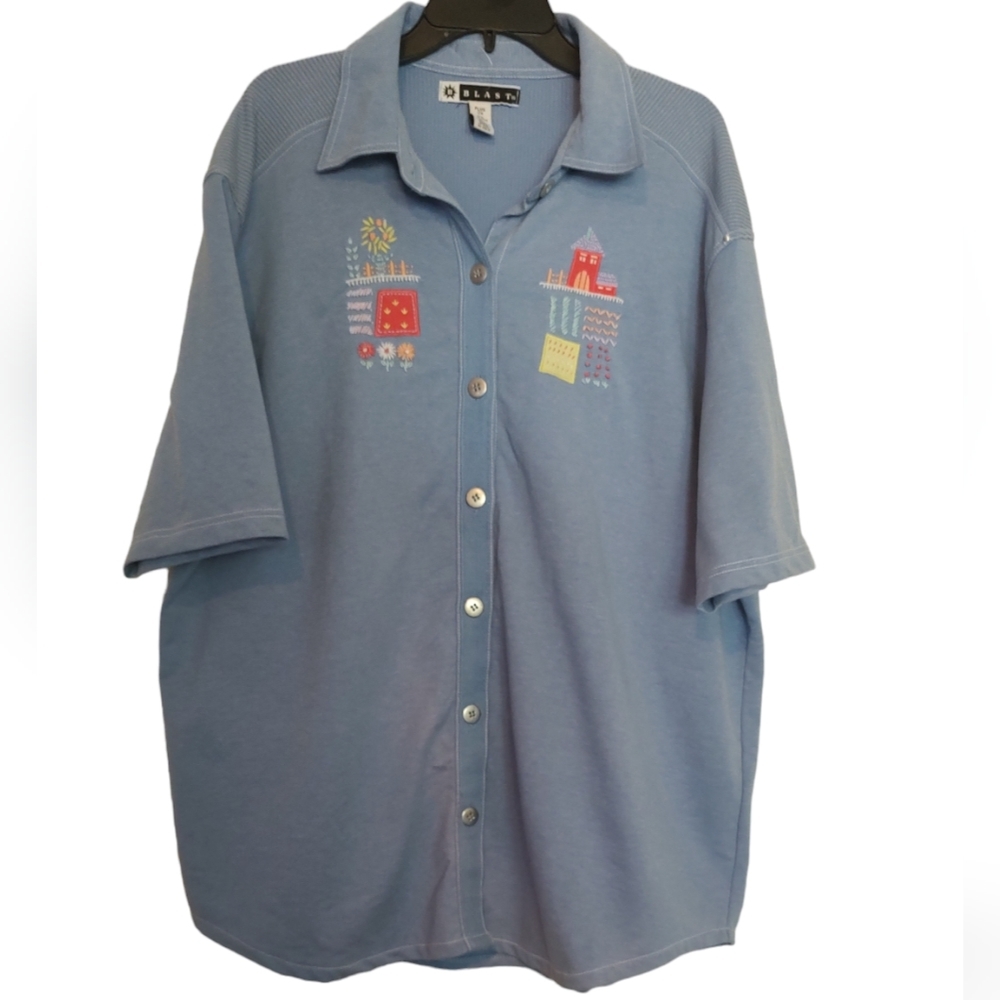Blast Powder Blue Button Down Shirt Sleeve Women's Top Sz.2X